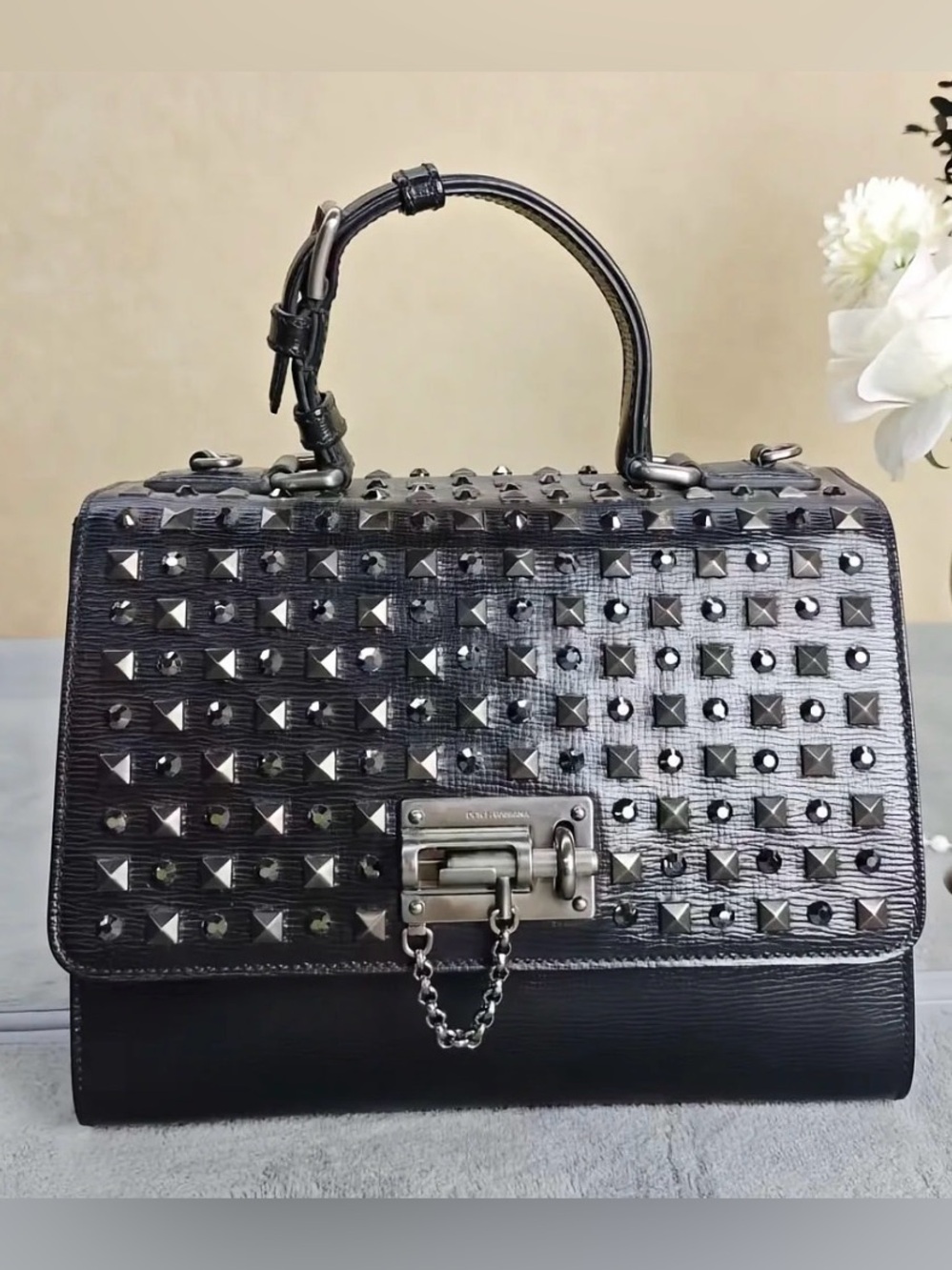 Dolce & Gabbana Miss Monica Black Studded Leather Top Handle Satchel with strap - Picture 3 of 9
